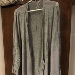 grey open long cardigan with mesh detail and long sleeves